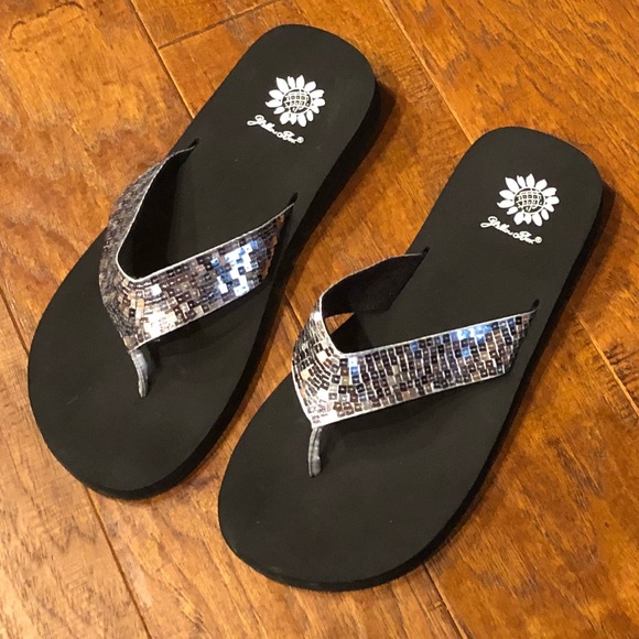 yellow box sparkle flip flops